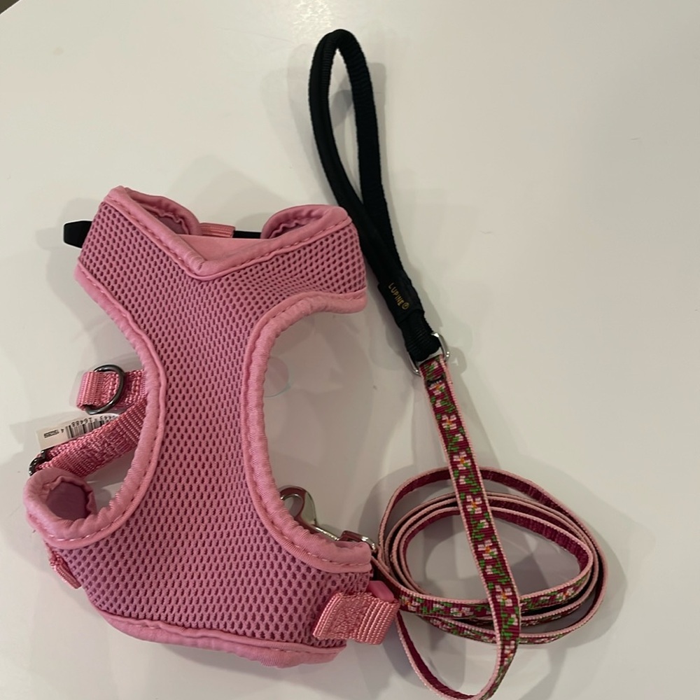 NWT Mesh harness pink size xs and floral matching leash 50” length.